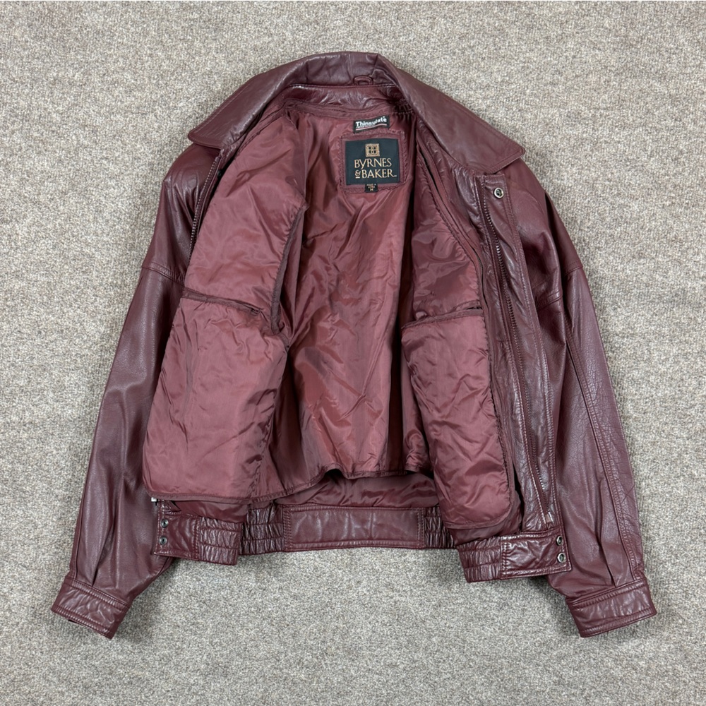 Vintage Byrnes & Baker Burgundy Maroon Genuine Leather Bomber Jacket Mens Medium - Picture 5 of 10